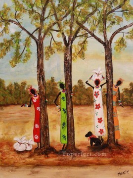 mujeres negras cerca de árboles africanos Pinturas al óleo